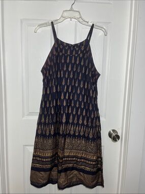 Lapogee Navy and Bronze Printed  Dress with Spaghetti Straps